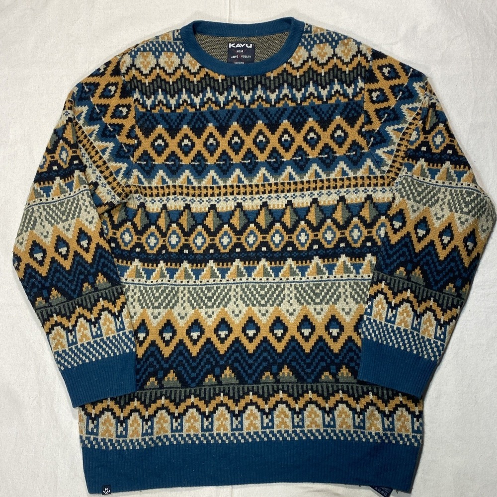 Kavu Alpaca Merino Pullover Sweater Geometric Print Fair Isle Size Med Men's
